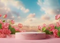 Round marble podium for presentation decorated pink lotus flowers. Cloudy idyllic sky in background. Copy space. Luxury