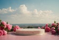 Round marble podium for presentation decorated pink peony flowers. Cloudy sky in background. Scene advertising cosmetic