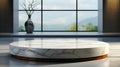 Round marble podium in the room with window view, mockup for presentation