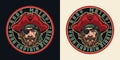 Round marine emblem with colorful pirate face, wearing hat and eye patch isolated vintage vector