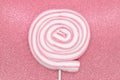 Round marshmallow lollipop on stick on shiny pink background Royalty Free Stock Photo