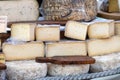 Round mature French Tomme goat cheese with cutted on farmers market in France