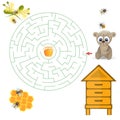 Round maze riddle game, find way your path. Bear help find path to honey. Royalty Free Stock Photo