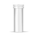 Round medical pill container vector mock-up. White aluminum bottle with plastic cap template. Blank medicine packaging