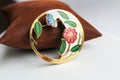 Round Metal Gold Brooch Hairpin with Colorful Enamel Flowers Fashionable Cloisonne Enamel Vintage Jewelry