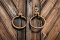 Round metal handles on closed old antique wooden gate or door Royalty Free Stock Photo