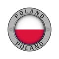 Round metal medallion with the country name Poland and a round f