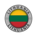 Round metal medallion with the name of the country of Lithuania