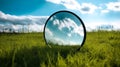 Round mirror in a field in the grass with a blue sky, generative AI. Royalty Free Stock Photo