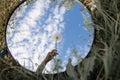 Round Mirror In The Grass - Trendy Image, Close To Nature. Dandelion in the mirror against the blue sky