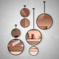 Round mirrors hanging on the wall reflecting interior design scene, colored contemporary living room, pastel rosy colors, sofa,