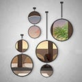 Round mirrors hanging on the wall reflecting interior design scene, dreamy panoramic balcony over sunset sea panorama, palm,