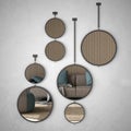 Round mirrors hanging on the wall reflecting interior design scene, minimalist classic white living room and kitchen, modern Royalty Free Stock Photo