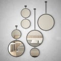 Round mirrors hanging on the wall reflecting interior design scene, minimalist contemporary bedroom, modern architecture concept Royalty Free Stock Photo