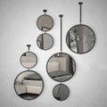 Round mirrors hanging on the wall reflecting interior design scene, minimalist cozy bedroom, modern Royalty Free Stock Photo