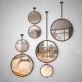 Round mirrors hanging on the wall reflecting interior design scene, minimalist living room with dining table, modern architecture Royalty Free Stock Photo