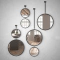 Round mirrors hanging on the wall reflecting interior design scene, minimalist living room with panoramic windows, modern Royalty Free Stock Photo