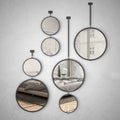 Round mirrors hanging on the wall reflecting interior design scene, minimalist modern white bedroom with double bed and panoramic Royalty Free Stock Photo