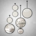 Round mirrors hanging on the wall reflecting interior design scene, minimalist scandinavian bedroom, modern architecture concept Royalty Free Stock Photo