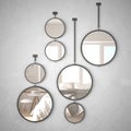 Round mirrors hanging on the wall reflecting interior design scene, minimalist scandinavian bedroom, modern architecture concept Royalty Free Stock Photo