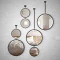 Round mirrors hanging on the wall reflecting interior design scene, minimalist scandinavian bedroom, modern Royalty Free Stock Photo