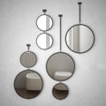 Round mirrors hanging on the wall reflecting interior design scene, minimalist white bathroom, modern architecture concept idea