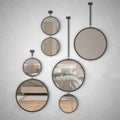 Round mirrors hanging on the wall reflecting interior design scene, minimalist white bedroom, modern architecture concept idea Royalty Free Stock Photo