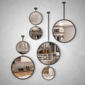 Round mirrors hanging on the wall reflecting interior design scene, minimalist white bedroom with walk-in closet, modern Royalty Free Stock Photo