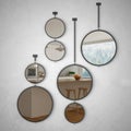 Round mirrors hanging on the wall reflecting interior design scene, minimalist white kitchen, modern