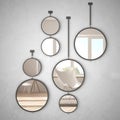 Round mirrors hanging on the wall reflecting interior design scene, minimalist white living, modern architecture concept idea Royalty Free Stock Photo