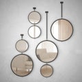 Round mirrors hanging on the wall reflecting interior design scene, minimalist white living, modern architecture concept idea Royalty Free Stock Photo