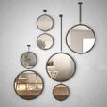 Round mirrors hanging on the wall reflecting interior design scene, minimalist white living, modern architecture concept idea Royalty Free Stock Photo