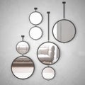 Round mirrors hanging on the wall reflecting interior design scene, minimalist white living with sofa, modern architecture concept Royalty Free Stock Photo