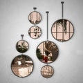 Round mirrors hanging on the wall reflecting interior design scene, minimalist white modern conservatory, winter garden lounge