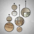 Round mirrors hanging on the wall reflecting interior design scene, minimalist white and wooden dining room, modern architecture Royalty Free Stock Photo