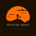 Round mountain bike logo design with extreme cyclist on top of a hill. Mtb, freeride, downhill, enduro badge. Vector