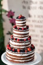 Round multi tiered wedding cake with sponge, cream, jam and berries on a circular base. Fresh blueberries and