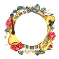 A round musical frame with an image of a guitar, saxophone and violin, as well as piano keys and roses. The illustration Royalty Free Stock Photo