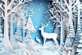 Round nature winter composition in a paper cut style design with deers and snowy forest