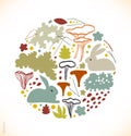 Round nordic floral image with chanterelle mushrooms