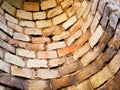 Round old brick wall. Inside view of an old brick industrial pipe. close-up Royalty Free Stock Photo