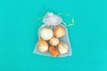 Round onions in reusable eco bags on mint background. Fresh vegetables in bags