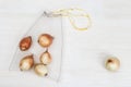 Round onions in reusable eco bags on white wooden background Royalty Free Stock Photo