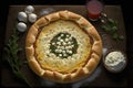 round open tyrolean pie on table with large cottage cheese curd top