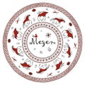 Round ornament in the style of mezensky painting. Horses and deer. Vector design for plates, napkins, wrappers, textiles