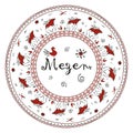 Round ornament in the style of mezensky painting. Horses and deer. Vector design for plates, napkins, wrappers, textiles