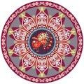 Round ottoman pattern with peacock and flower mandala. Ethnic design. Indian, persian, turkish motives.