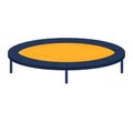 Round outdoor trampoline with yellow and blue colors, no people. Kids fun equipment, fitness and backyard play concept