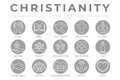 Round Outline Christianity Icon Set with Faith, Bible, Crucifixion , Baptism, Church, Resurrection, Holy Spirit, Saints,