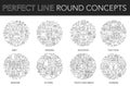 Round outline concept of baby, wedding, education, fast food, medicine, kitchen, fruits vegetables, learning. Thin line